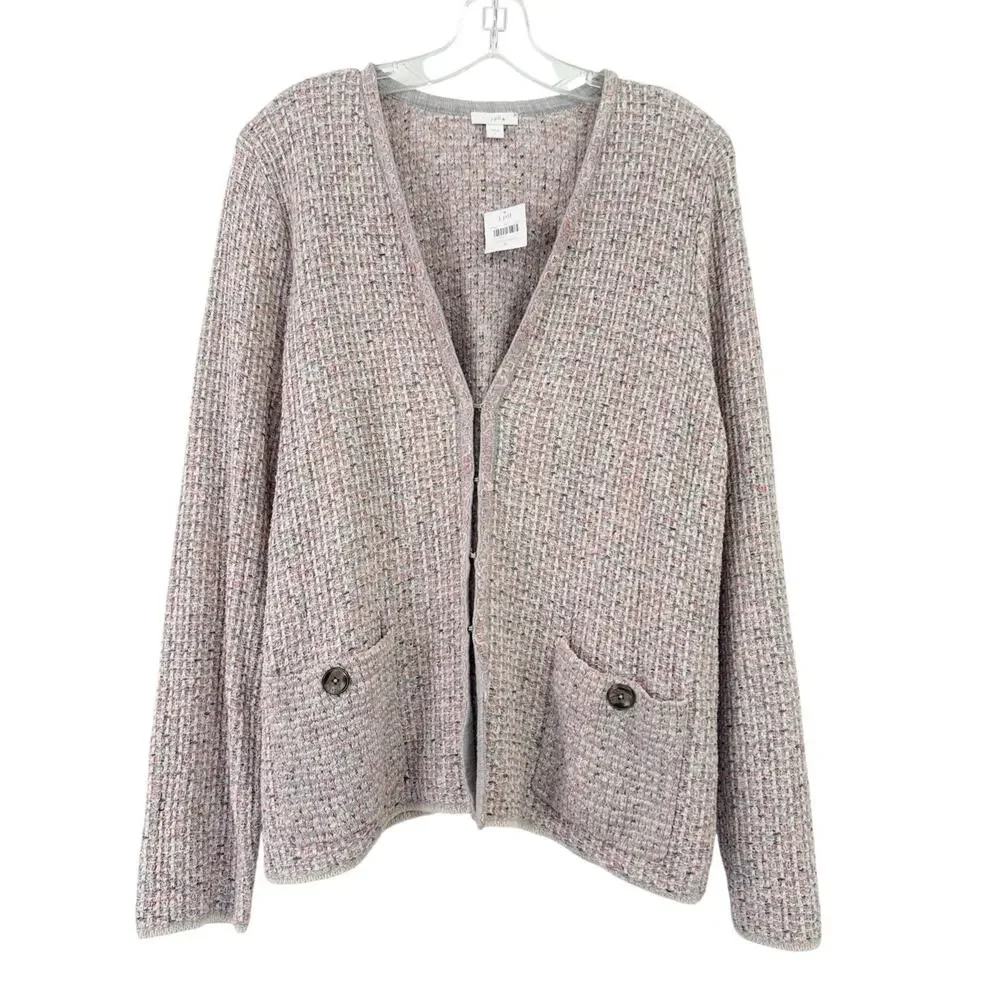 J Jill Sweater Cardigan Pink Gray Girly Spring Knit Pockets Size Large New